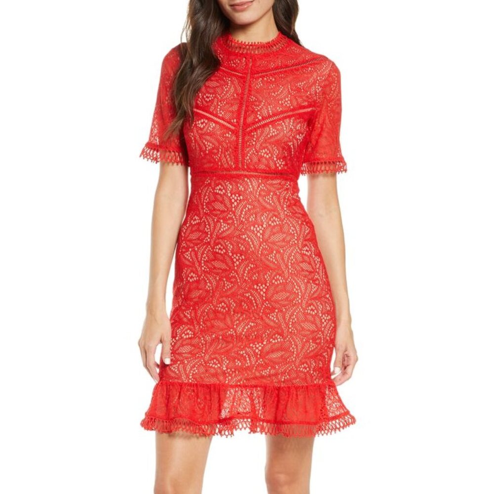 Bardot Lace Dress Medium Red Ruffle Mini